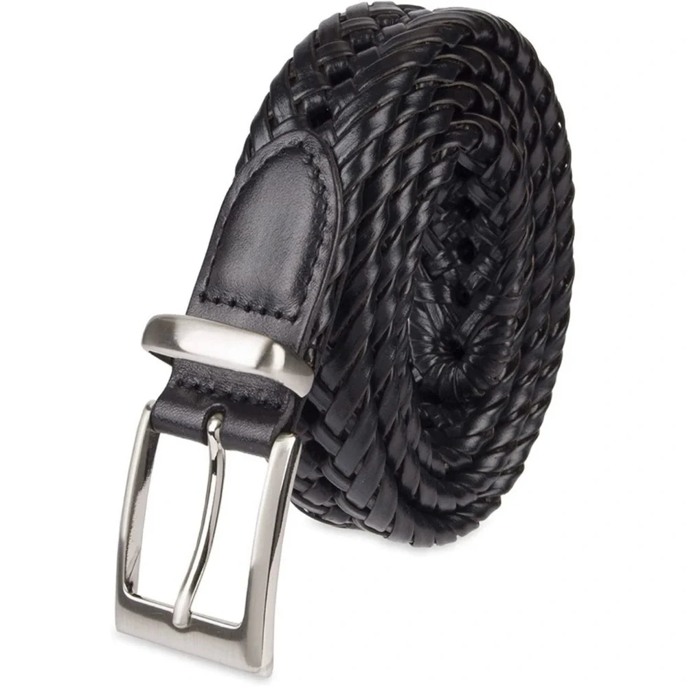Men Leather Braided Belt | Black & Silver Buckle NWOT